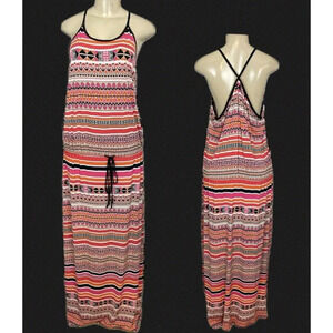 Beige XL Coral Multi Drawstring Scoop Neckline Crisscross Strap Back Maxi Dress